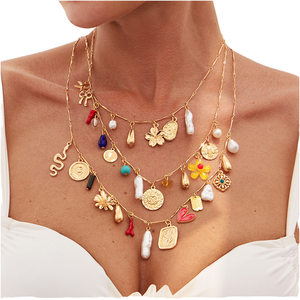Collana con Ciondolo a Strati Multipli Bohemien Buddista con Cuore/<span class=keywords><strong>Pesce</strong></span>/Girasole e Nappe, da Donna, Estiva, in Lega <span class=keywords><strong>di</strong></span> Zinco - Product Image 1