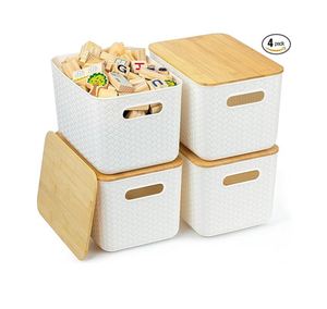 Plastic Storage Baskets With Bamboo <b>Lid</b> Stackable Storage <b>Bins</b>: Storage Baskets for Organizing - Product Image 1