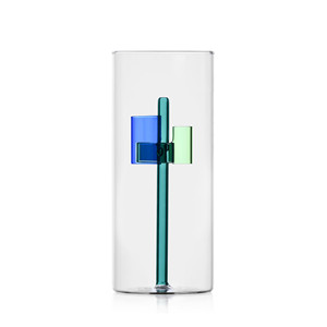 Vaso in Vetro Blu Iris Trasparente con Accenti Blu e Verdi, Vaso Decorativo Moderno - Product Image 1