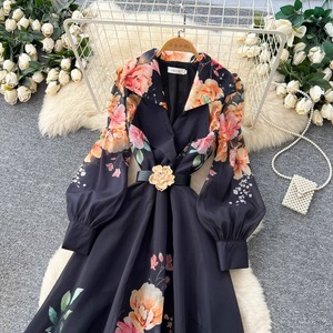 Robe vintage à manches longues, coupe trapèze, à fleurs, élégante pour le bureau, pour le printemps et l'été - Product Image 3