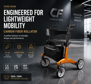Déambulateur en fibre de carbone avec siège, <span class=keywords><strong>ultra</strong></span> léger, 6,<span class=keywords><strong>4</strong></span> kg, 136 kg, pliable, <span class=keywords><strong>4</strong></span> <span class=keywords><strong>roues</strong></span>, certifié CE, UKCA, ISO - Product Image 1