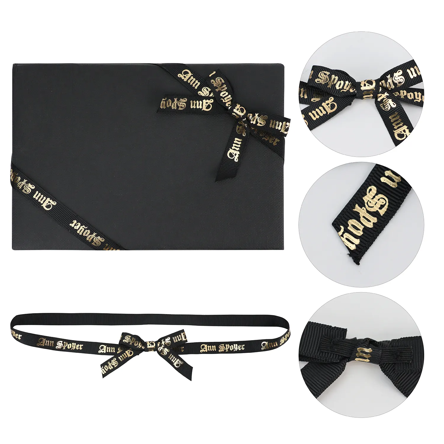 Custom Classic Black Pre-tied Handmade Glitter Bows Gift Wrapping Gold Foil Grosgrain Ribbon Bow with Elastic Loop