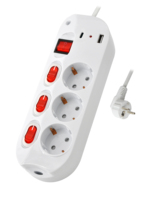 Prise multiple allemande, 3 voies, 16A, 230V~, avec protection enfant, interrupteurs individuels et interrupteur principal
