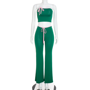 Viviblook Q26ST150 Women New Autumn Set Sexy Sleeveless Color Blocking Strapless <b>Top</b> Flared Pants Two Piece Set - Product Image 4