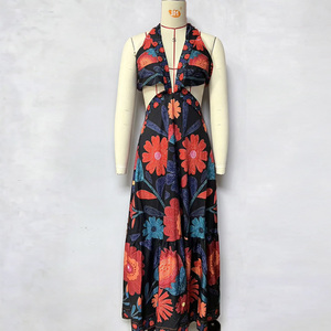 Vestido Largo Bohemio con Estampado Floral, Hombros Descubiertos, Abertura en la Cintura, Espalda Descubierta, Volantes en el Bajo, Transpirable, Ideal para Fiestas y Vacaciones de Verano - Product Image 5