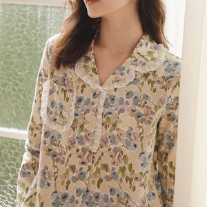 Autunno coreano abbigliamento per la casa con fiori di frutta verde stampato in <span class=keywords><strong>cotone</strong></span> traspirante Cardigan elastico in vita con risvolto laterale tessuto <span class=keywords><strong>pigiama</strong></span> - Product Image 3