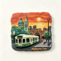 Aimant de réfrigérateur personnalisé en polyrésine, tram vintage de Melbourne, Australie, scène de coucher de soleil, souvenir touristique en résine, cadeau de collection de voyage