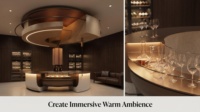 Kiosque à café circulaire avec base en terrazzo, plateau en MDF perforé, auvent en bois, dessus en verre, éclairage LED, design écologique pour centre commercial