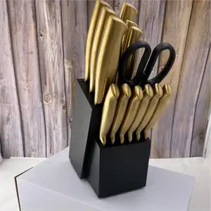 14 pièces en gros ensemble de couteaux de cuisine dorés antiadhésifs ensemble de couteaux de chef à lame en acier inoxydable avec bloc pour la cuisine