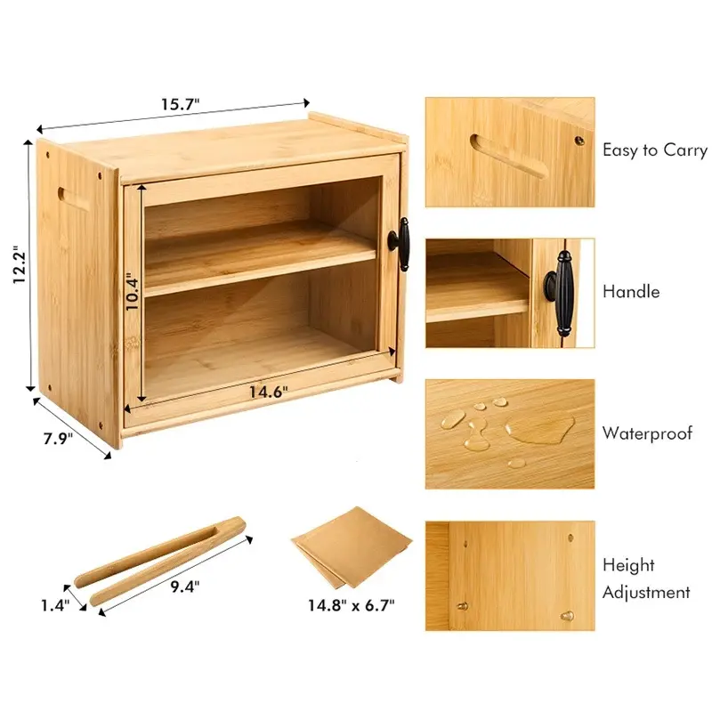 Natural Bamboo Bread Bin Double Layer Bread Box with Cutting Board Clip and Door