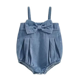 1 Pcs Private Label Recém-nascido Infantil Bebê Menina Denim Roupas Praça Pescoço Bow Strap Frente Macacão Sem Mangas Do Bebê Meninas Romper - Product Image 1