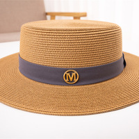 Chapeau de paille tissé à imprimé lettres pour femme, collection Printemps-Été 2026, chapeau de soleil à calotte plate, décontracté, pour la plage, les vacances et les voyages, protection UV