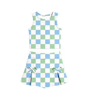 GSD3788 Ensemble de yoga sans manches pour enfant, jupe à carreaux orange et blanc, tenue d'été pour petite fille active, vente en gros - Product Image 3