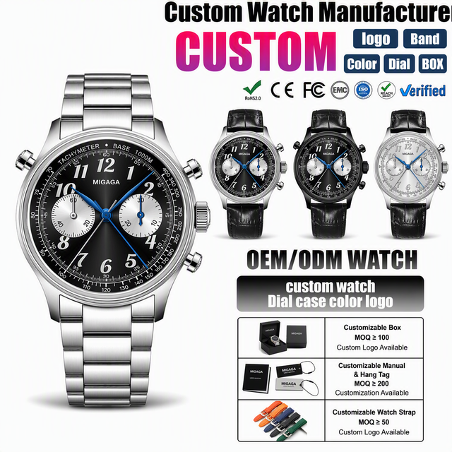 Migaga Factory Price 316L Stainless Steel Oem Classic Watch Custom Arabic Dial Black Chronograph Watch With Tachymeter Bezel