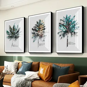 Pintura abstrata de alta qualidade, 3 painéis, folhas de árvore, cristal, porcelana, conjuntos de arte, decoração de sala de estar, pintura em resina