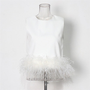 <span class=keywords><strong>Chaleco</strong></span> de <span class=keywords><strong>mujer</strong></span> estilo Hepburn, pluma de avestruz sintética de verano, cuello redondo recortado, ropa de abrigo corta de Color sólido, Top - Product Image 6