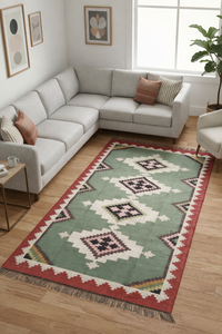 Alfombra de Lana Kilim Dhurrie Hecha a Mano, Ecológica, de Pelo Corto, de Gran Tamaño (9x12), Tejido Plano, Geométrica, Rectangular, para Entrada, Dormitorio o Pasillo - Product Image 3