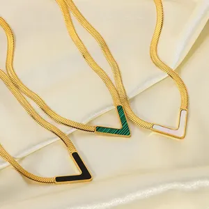 Collier ras du cou en forme de V, bijoux classiques et personnalisés pour femmes, collier en acier inoxydable, Malachite, plaqué or, chaîne serpent, ras du cou