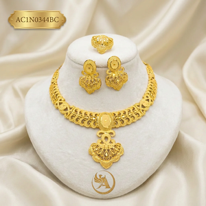 Luxury 24K Gold Plated Brass Flower Shape Filigree African Jewelry Set for Women Dubai Style Charm <b>Necklace</b> with Earrings & <b>Ring</b> - Product Image 1
