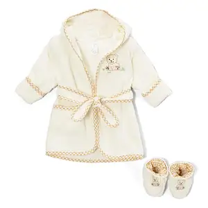 100% cotton terry embroidery bear bathrobe with hat With short boots baby hooded towel