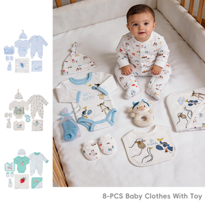 Conjunto <span class=keywords><strong>de</strong></span> 8 Piezas <span class=keywords><strong>de</strong></span> <span class=keywords><strong>Ropa</strong></span> para Bebé Recién Nacido, 100% Algodón, Mameluco + Accesorios/Suministros, Mamelucos <span class=keywords><strong>de</strong></span> Malla para Bebé al por Mayor - Product Image 1