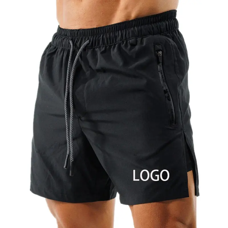 Shorts de fitness em branco para corrida e academia com bolso com zíper Shorts esportivos masculinos de spandex com impressão digital personalizada