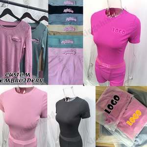 Gerippter Strick Custom LOGO Casual Damen Set Kurzarm Top und Shorts Lounge Wear Outfit 2-teilige Leggings Lounge wear Damen Sets - Product Image 4