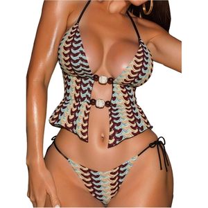 Ensemble bikini 2 pièces pour femme, imprimé numérique, découpes, extensible, maillot de bain string, tenue de plage - Product Image 1