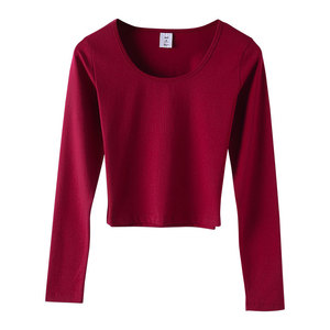 95% Cotton 5% Spandex Slim Fit Long Sleeve Women <b>Crop</b> Tshirts Sexy Crew Neck Bank <b>Crop</b> <b>Tops</b> Blouse - Product Image 3