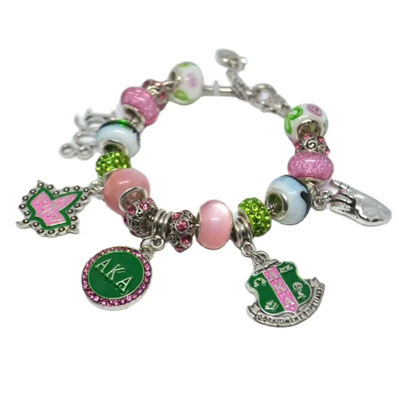 Sorority Charm Bracelet Pink and Green Glass Beads Bracelet Gift for Soror Women Wrap Bracelet Jewelry