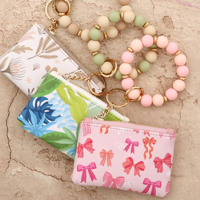 Wholesale Fashion Cherry Bead Bracelet Wallet PU Leather Coin Purse Card Holder with Silicone Wristlet Chain for Women
