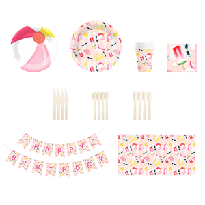 DAMAI Juego de Vajilla Desechable de Papel con Tema de Cumpleaños de Verano, Color Rosa, para Fiestas Infantiles - Product Image 1