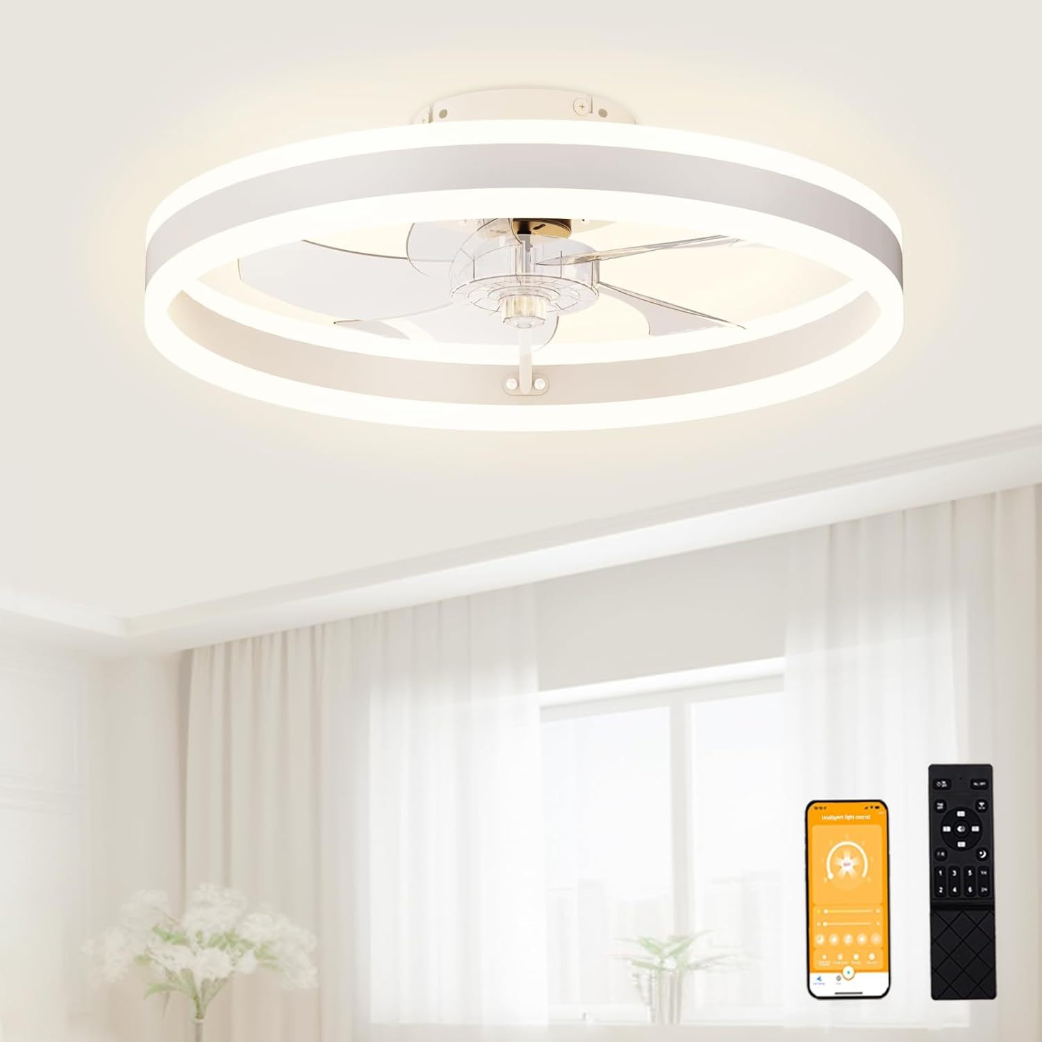 20 Inch Circular Ceiling Fans Lights With Remote Control Dimmable Three Color LED and 6 Wind Speeds Change for Bedroom Room