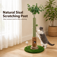 Griffoir pour chat en sisal haut avec enveloppe en corde verte, tanière en peluche avec trou pour souris et jouet interactif à bille pour chats d'intérieur