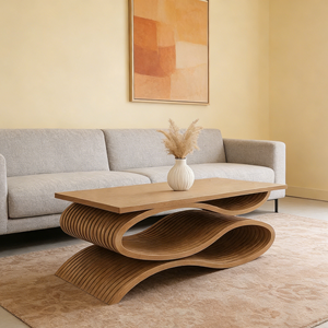 طاولة قهوة خشبية بقاعدة متموجة قابلة للطي، تصميم فني عالي الجودة، أثاث لغرفة المعيشة للمنزل والمكتب - Product Image 2