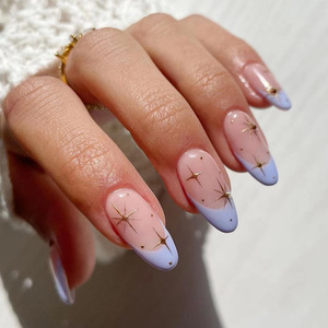 24 <span class=keywords><strong>faux</strong></span> ongles en amande rose nude avec lignes irrégulières, motif étoile et lune métallique, couverture complète, courts, en ABS, à presser - Product Image 6