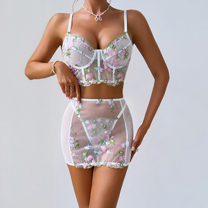 Conjunto de Lencería Sexy AS7176 con Bordado Floral, Corsé de Encaje de 3 Piezas, Ropa Interior Femenina, Vestido Transparente, Lencería Blanca - Product Image 1