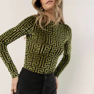 Blusa de algodão, blusa de luxo feminina verde e marrom com estampa de liga, preto ou branco, sexy