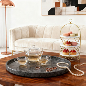 Vassoio Circolare Moderno di Lusso in Marmo Grigio <span class=keywords><strong>Scuro</strong></span> Personalizzabile per Bevande/Snack/Gioielli (Casa/Hotel) - Product Image 3