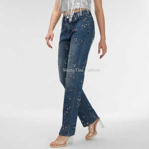 Jeans de Mezclilla Casuales para Mujer, Diseño Personalizado de Fábrica, con Cuentas Brillantes, Cintura Alta, Pierna Ancha y Larga - Product Image 1