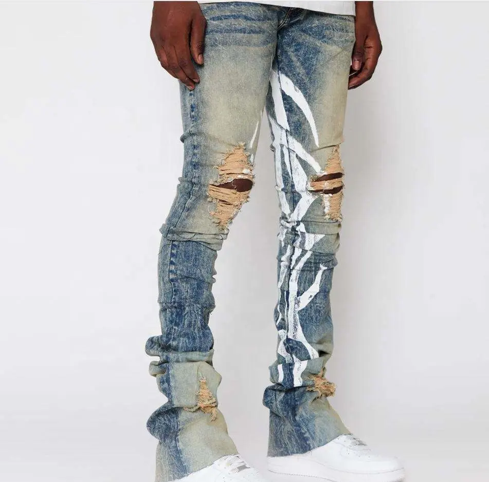 Vintage Stacked Denim Pants Wholesale Custom Slim Fit Prints Ripped Stacked Jeans Men Flare