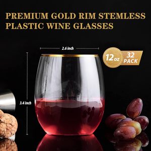 Verres à Vin Incassables en Plastique, Gobelets Jetables de Fête, Verres à Cocktail Incassables de 12 Oz avec Bord Doré - Product Image 6
