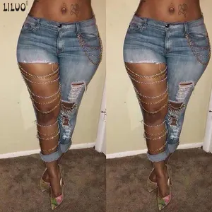 Liluo Femme Dames Ripped Ketting Grote Gat Jeans Mode Vrouwen Solid Slim Denim Broek Potlood Broek Hoge Taille Streetwear