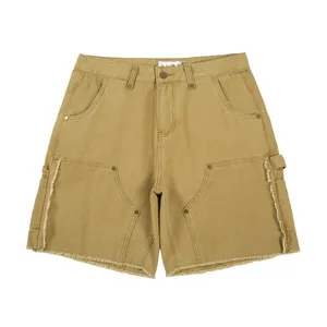 Trendy Retro Rivets Patchwork Casual Shorts Mens Summer Streetwear Multi-Pocket Loose Raw Hem Shorts
