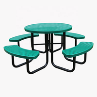 Meubles d'extérieur, table de pique-nique ronde en acier commercial, ensemble de salle à manger pour événements de restaurant en plein air, table et chaises en métal avec trou pour parasol