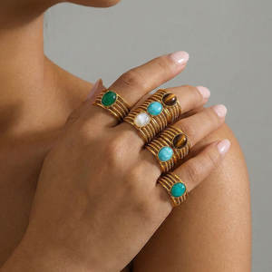 แหวนปรับขนาดได้รูปไข่ประดับด้วยหินไทเกอร์อายธรรมชาติ 5 สี แหวนสแตนเลสทรงเรขาคณิตทันสมัย - Product Image 4