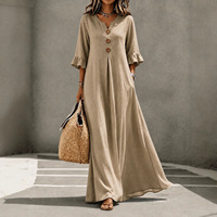Robe longue unie à col en V pour femmes européennes et américaines, élégante et tendance, avec poches, coupe ample et jupe évasée
