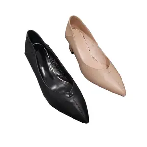 bombas bege preto do dedo do pé Suppliers-Sapatos femininos de salto alto, calçados de couro de qualidade, sapatos de salto pequeno, preto e bege