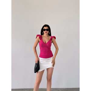 Chemisier en tricot pour femme, style décontracté, à volants aux épaules, avec ceinture, élastique, pour tous les jours - Product Image 3