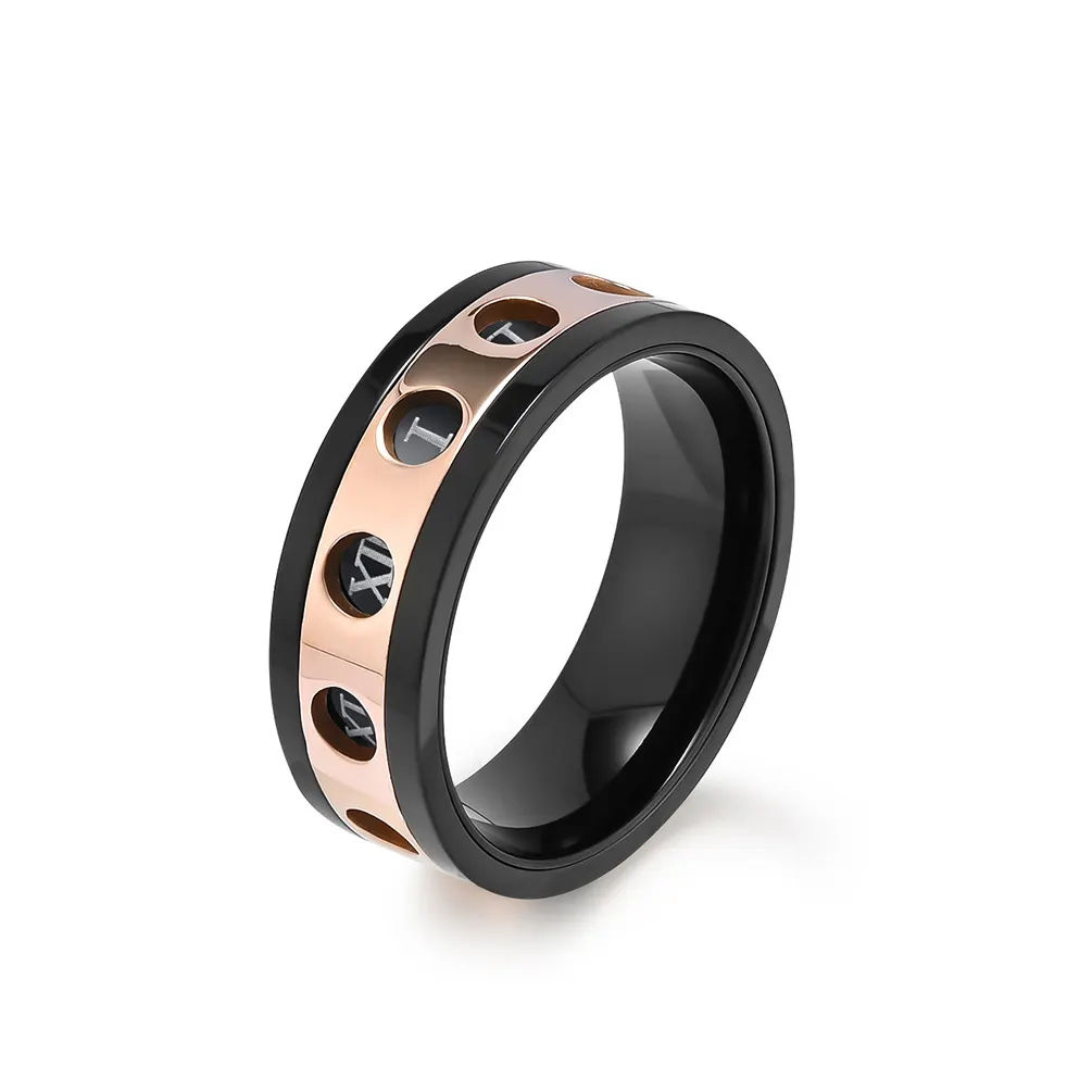 Hollowed Out Stainless Steel Roman Numerals Rotating Ring 8mm Black Rose Gold Plating Men's Rings For Men Jewelry Accessories